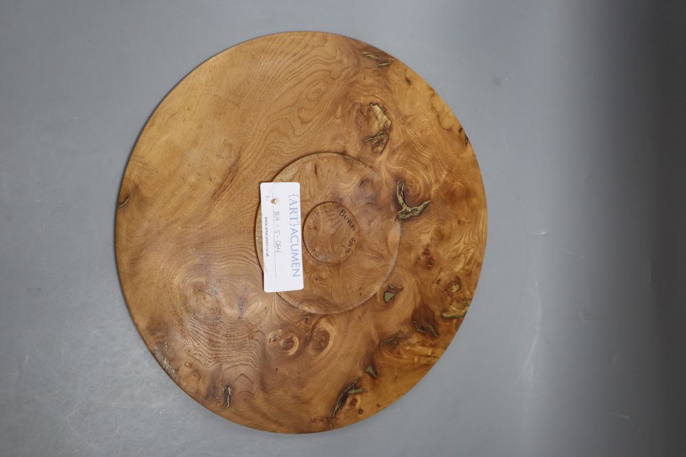 A burr elm wooden plate, diameter 39cm